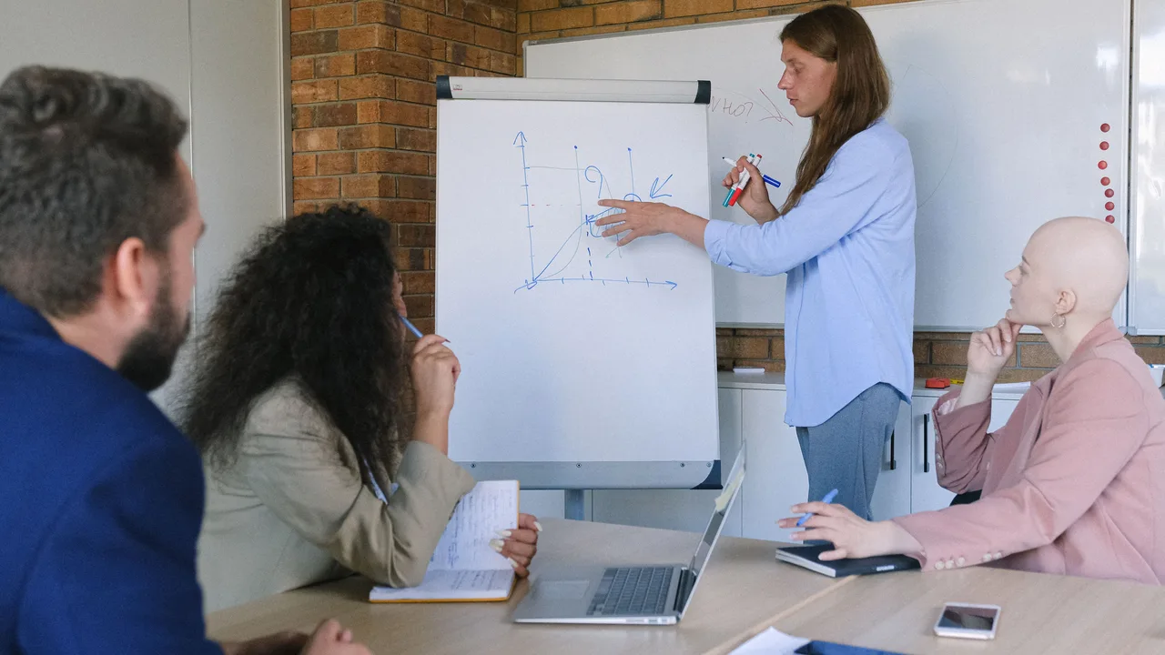 Trainerin erklärt einer kleinen Gruppe etwas am Flipchart