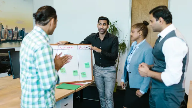 Team bespricht im Büro einen Ablauf, der mit Haftnotizen auf einer Tafel steht