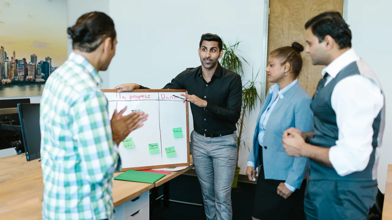 Team bespricht im Büro einen Ablauf, der mit Haftnotizen auf einer Tafel steht