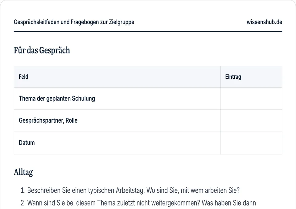 Vorschau der Vorlage Gesprächsleitfaden und Fragebogen zur Zielgruppe