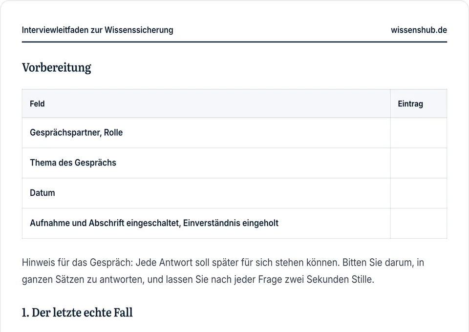 Vorschau der Vorlage Interviewleitfaden zur Wissenssicherung