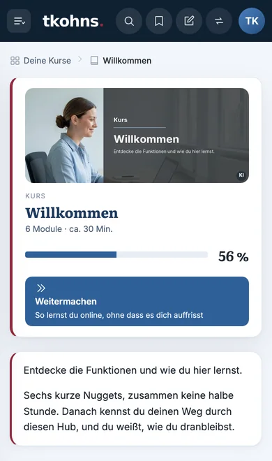Derselbe Kurs auf einem Telefon: oben eine Leiste mit Suche und Lesezeichen, darunter das Kursbild, der Fortschritt und der Knopf Weitermachen.